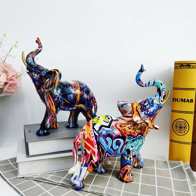 Fabriek Groothandel Hars Ambachtelijke Luxe Home Decoratie Ornament Schilderen Graffiti Olifant Art Craft Sculptuur