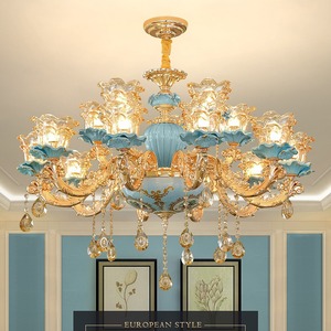 Lustre en cristal en céramique de luxe classique français D26.8in suspension en verre en alliage de zinc hauteur réglable E14 branche pour Villa - Product Image 2