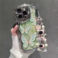 Coque de téléphone antichoc pour iPhone 17, motif papillon rose mignon avec bracelet et fleurs, vente en gros usine