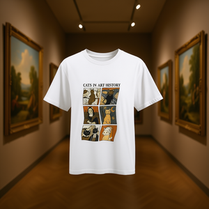 T-shirt unisexe en coton blanc avec impression graphique « Cats In Art History », taille moyenne pour adulte - Product Image 3