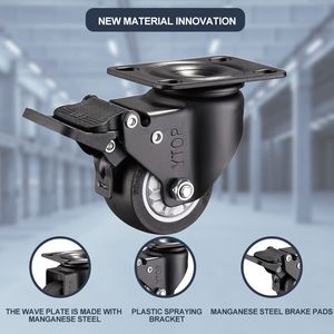 YTOP Roulettes pivotantes légères de 4 pouces en acier au manganèse noir/bleu + TPU avec frein - Product Image 4