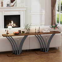 Table console industrielle moderne avec plateau en bois et structure en métal courbé, table d'entrée avec kit antidérapant pour salon, couloir