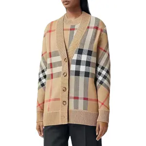 2023 Oversize Classic Cardigan Single Breasted Sweater Ribbing V Neck Long Sleeve Checkered Plus Size Women'S Wool Sweaters