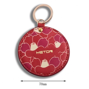 Custom Round Shape Cosmetic Pocket PU Leather Vanity Mirror Keychain Decorative Mini Mirror - Product Image 2