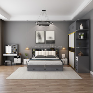 Hotel <b>Bed</b> King Size <b>Low</b> Price Solid Wooden <b>Frame</b> Gray Upholstered Storage <b>Bed</b> with Bookshelf Headboard For 3 Star Hotel Bedroom - Product Image 4