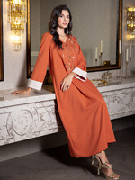 Nouvelle robe arabe décontractée en polyester à col en V, coupe régulière, ornée de strass cousus à la main, longueur cheville # Abaya, Kaftan, Tunique, Robe, Kimono