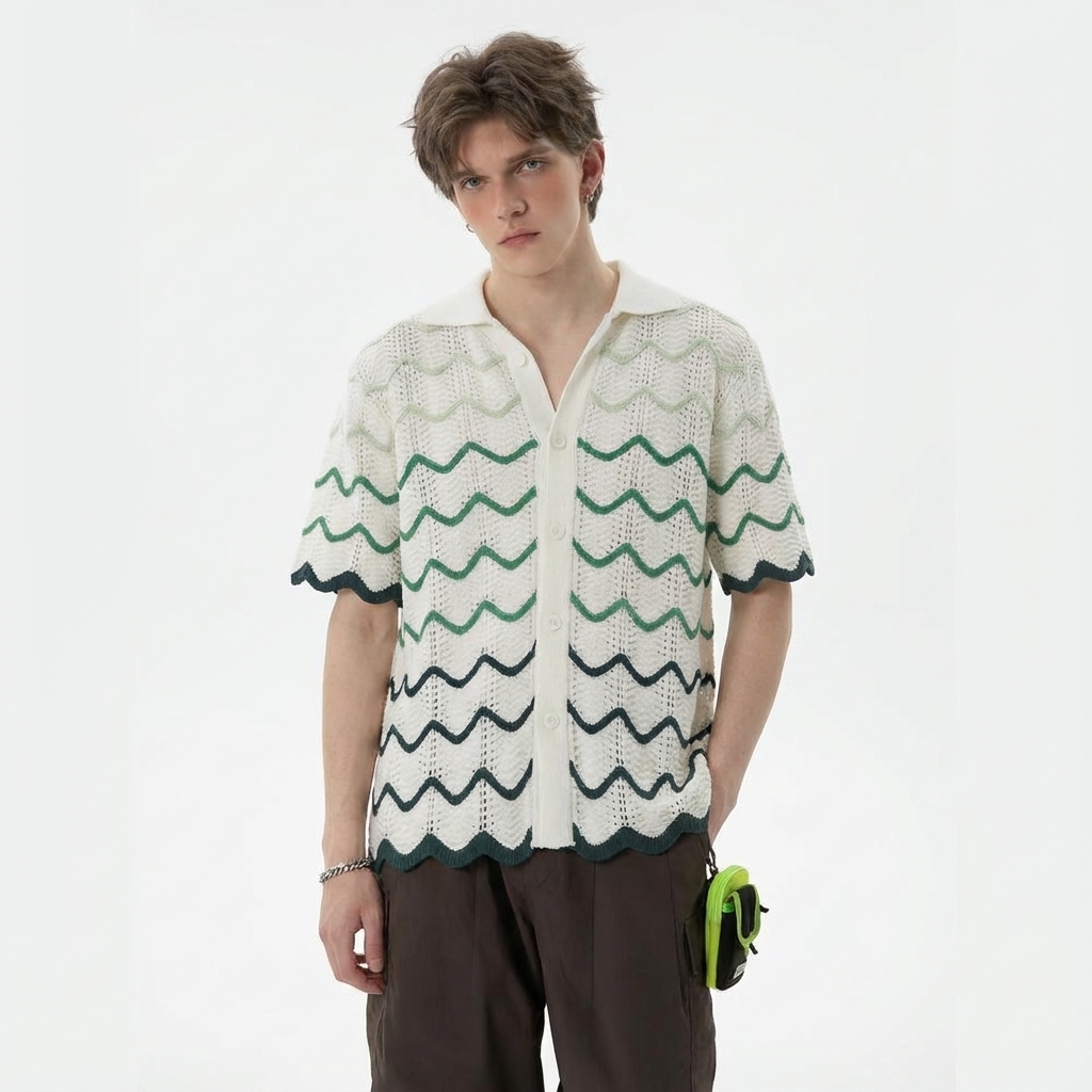 Men Summer Short Sleeve Woven Knit Shirt Sweater for Light Black Contrast Beige Stylish Casual Modern Aesthetic Breathable