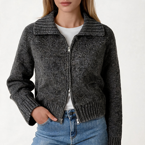 Cardigan en tricot de haute qualité pour femme, avec revers, <span class=keywords><strong>double</strong></span> <span class=keywords><strong>fermeture</strong></span> <span class=keywords><strong>éclair</strong></span>, manches longues, coupe ample et courte, veste décontractée - Product Image 1