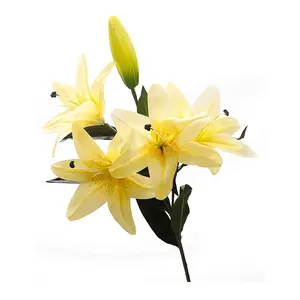 Qihao Real Touch Yellow Lilium Tiger Latex Lily 5 Heads Artificial Silk Lilies Flower for Bridal Wedding Party Home Decor
