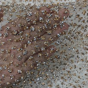 샴페인 골드 스파클링 라인 석 크리스탈 반짝이 얇은 명주 그물 패브릭 나일론 메쉬 이브닝 가운 신부 드레스 무대 의상 - Product Image 4