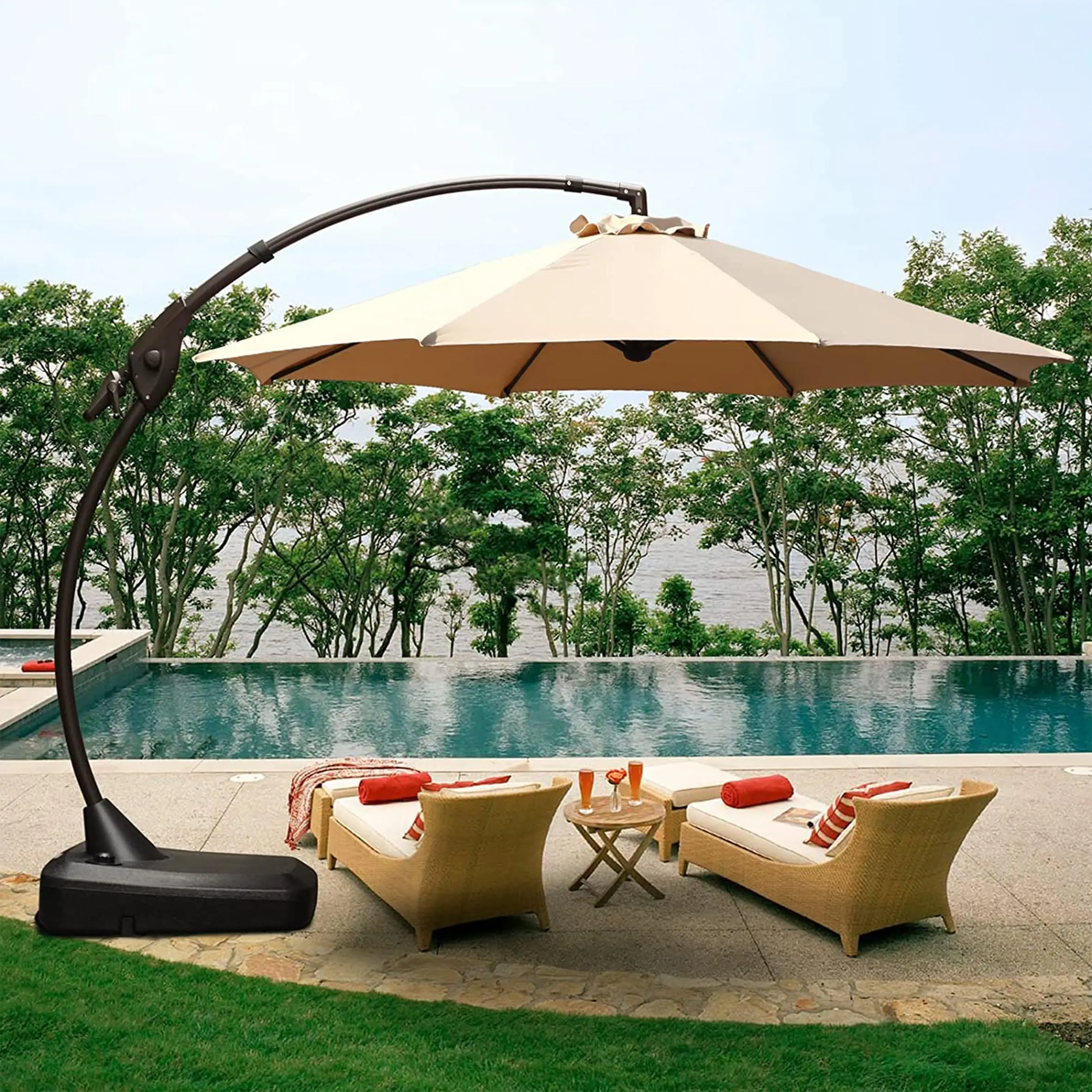 Outdoor Patio Umbrella Aluminum Cantilever Umbrella with Base Round Large Offset Umbrellas for Garden Deck Pool