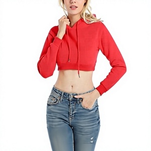 Women <b>Red</b> <b>Cropped</b> Hoodie Long Sleeve Solid Color Knitted Sweatshirt Autumn Wear - Product Image 1