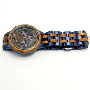 Montre chronographe hybride bois-métal pour homme, lunette en bois naturel, fenêtre de date, bracelet mixte acier-bois, montre décontractée étanche - Product Image 5