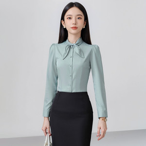 Women's Long Sleeve Shirt Solid Color Bow Tie <b>Work</b> Blouse Polyester Fabric Broadcloth Fit For Office Wear - Product Image 1