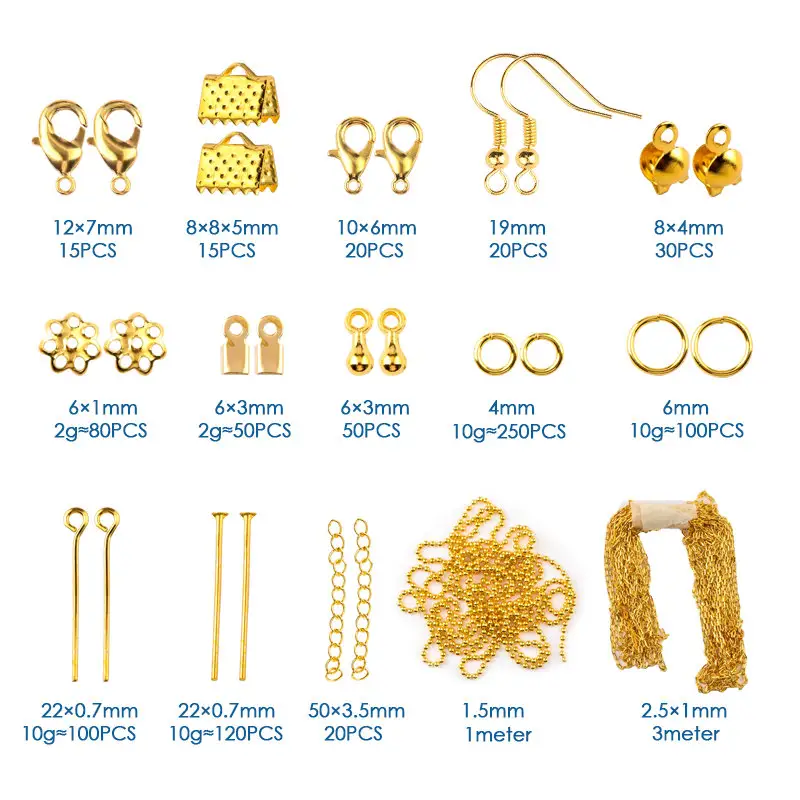 Conjunto de ferramentas de descobertas de jóias de caixa de plástico, anel de salto aberto, pinos de cabeça de olho, ganchos de fecho de lagosta, ganchos de brinco, acessórios de corrente extensível