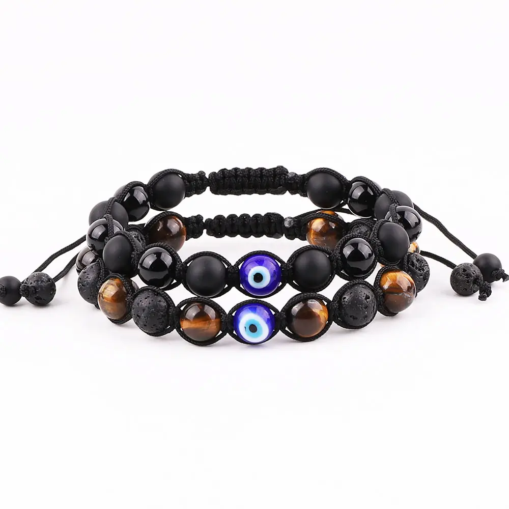 Neues Design 8mm Brown Tiger Eye Lavast ein Evil Eye Perlen Geflochtenes Makramee Armband JBS12600