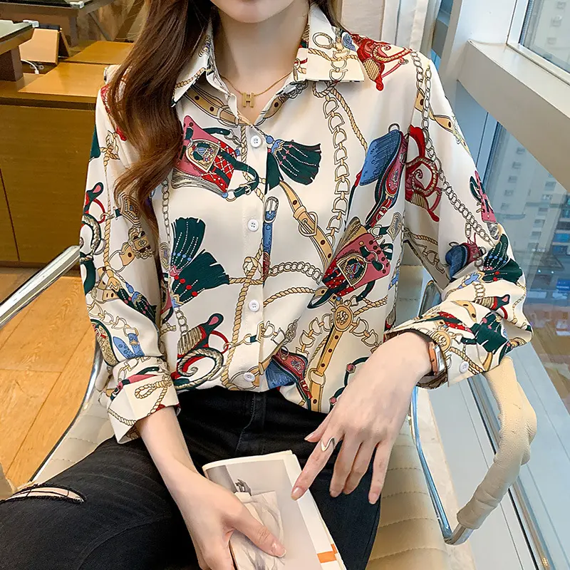 Blusa informal de oficina con manga larga para otoño, camisa elegante con estampado de cadena para mujer, cuello vuelto y botones, 2022