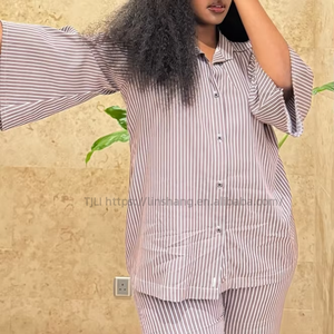 Plus Size Casual Women's Collared Striped Cardigan Shirt Wide-Leg <b>Pants</b> African 2-Piece Set Fashion - Product Image 6