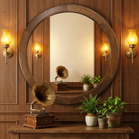 Miroir mural rond moderne en MDF poli à la main avec cadre imitation bois, couleur personnalisable, papier peint floral style cottage, pour chambre à coucher et coiffeuse
