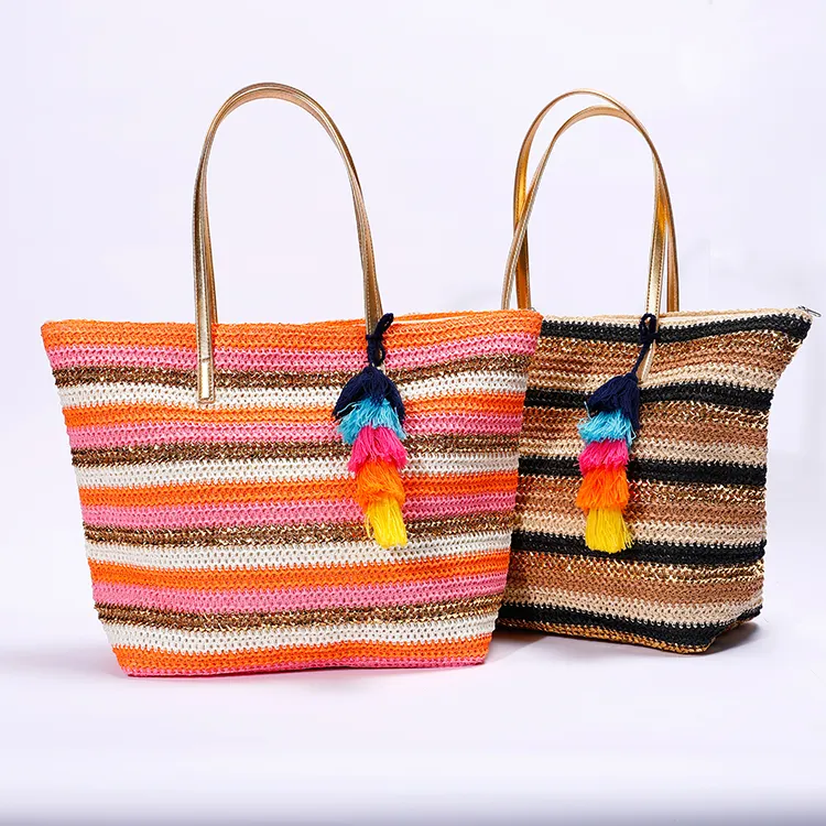 Factory Cheap Price Paper Material Hand Knitted Crochet Bag For Sale Handcraft Tote Crochet Bags With Pompon Beach Bag