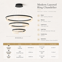 Lustre élégant à trois niveaux avec pendentif en forme d'anneau, cadre noir, arcs en acrylique lumineux, LED tricolores pour la maison, la chambre à coucher, l'escalier