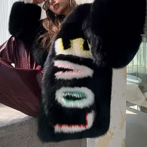 Mid-length Women Winter Thick Coat Black Fox Fur With Unique Design V-neck Fashion Street Wear Fur Coat For Female