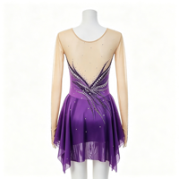 Robe de patinage artistique violette pour enfants et adultes, maille nude à manches longues, strass et rayures diagonales, pour compétition et spectacle de patinage sur glace