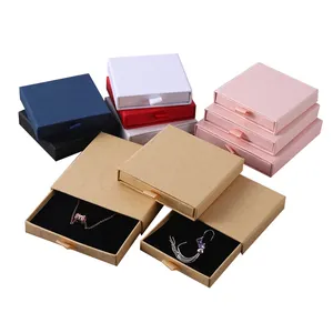 Kraft Paper Cardboard Drawer Ribbon Boxes Black Sponge Ring Necklace Bracelet Earring Display Case 8x8 9x9 10x10cm