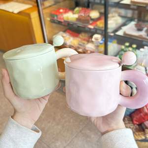 Ceramic <b>Mug</b> With Lid And Spoon Solid Color Minimalist Design For Couple Household Drinking Cup Creamy Tone <b>Mugs</b> - Product Image 5
