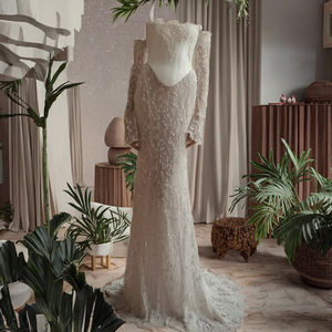 Robe de mariée sirène moderne en crêpe longue jusqu'au sol, taille plus, avec appliques, manches amovibles, dentelle perlée, corset - Product Image 3