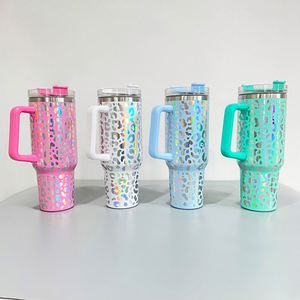 40Oz Vacuum Insulated Leopard Tumbler Mugs With Lid Straws and Handle <b>Vinyl</b> <b>Wrap</b> Decal for Outdoor Camping - Product Image 3