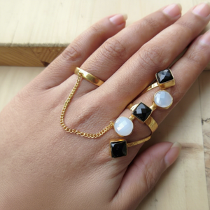 Black White Glass Gemstone Cocktail <b>Ring</b> Gypsy Setting <b>Adjustable</b> <b>Size</b> Nickel Free Alloy Brass Fashion Jewelry for Children's - Product Image 1