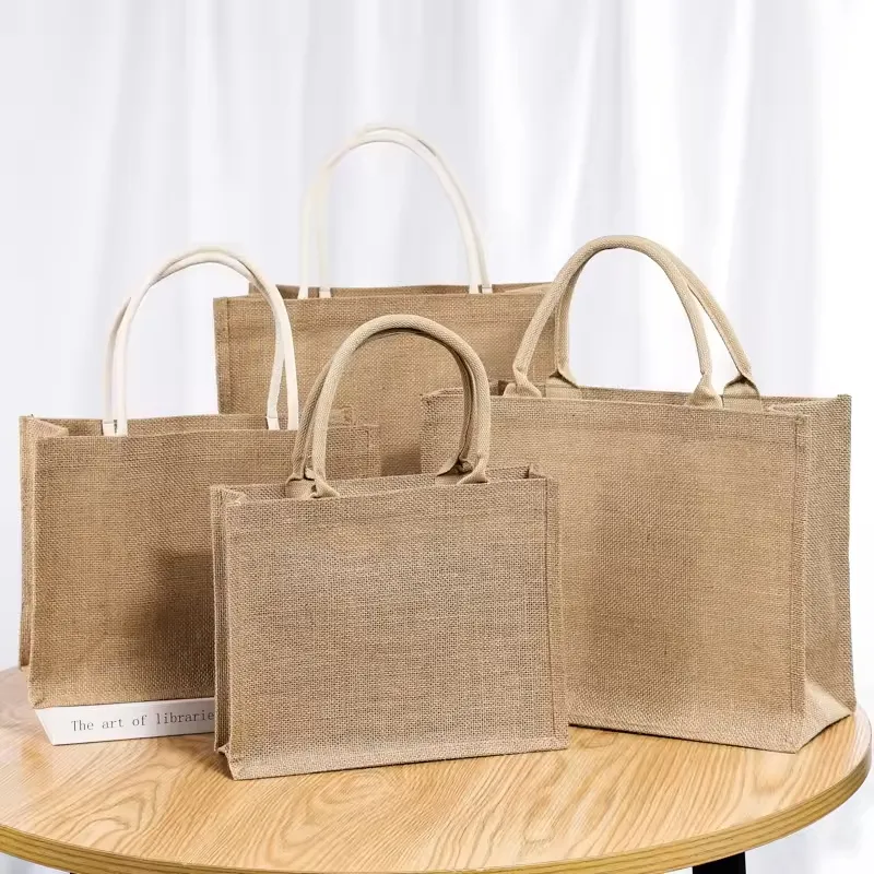 Vendita calda all'ingrosso semplice borsa Shopper di iuta stampata su misura grande stile naturale Eco Friendly juta Shopping Bag con Logo