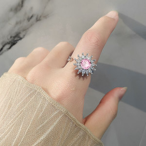 rotating <b>ring</b> anxiety With Spinning Flower Claw <b>Set</b> Round Cut Pink Zirconia Copper <b>Gold</b> Plated none tarnish jewelry For Women - Product Image 3
