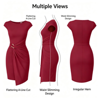 Robe moulante rouge bordeaux à manches courtes pour femme, col rond, boucle métallique, taille torsadée, ourlet asymétrique, robe crayon
