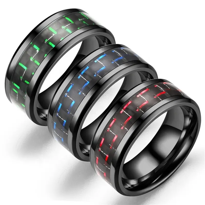 POYA Black Tungsten Ring Mens 8mm Blue Green Red Carbon Fiber Men Women Engagement Wedding Band