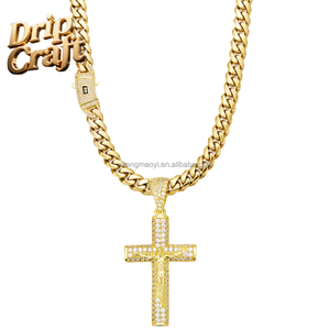 Collar con Colgante de Cruz de Cristo de 14K Estilo Marroquí Hip Hop - Collar de Moda con <span class=keywords><strong>Cadena</strong></span> Cubana de Acero Inoxidable 306L - Product Image 6