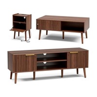 Service OEM : Ensemble de 3 tables de salon en noyer cannelé de style Mid-Century, comprenant un meuble TV, une table basse et une table d'appoint