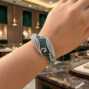 Luxury Brass Emerald Green Cubic Zirconia <b>Cuff</b> Bangle <b>Silver</b> Plated CZ Statement Bridal Openable <b>Bracelet</b> For Women - Product Image 2