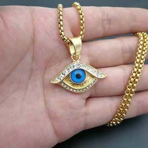 Colgante de acero inoxidable para hombre, joyería con cristales, chapado en oro, azul, ojos malvados, azul - Product Image 1