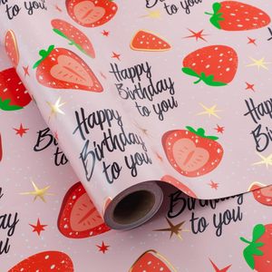 <b>Pink</b> Strawberry Birthday Wrapping Paper Roll 47.23 Square Feet Double Side Recyclable Gift <b>Wrap</b> for Birthday Craft - Product Image 1