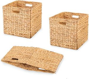 Custom Logo Portable Foldable Bathroom Kitchen Organizers Storage Straw Woven Natural Water Hyacinth Baskets With Handle