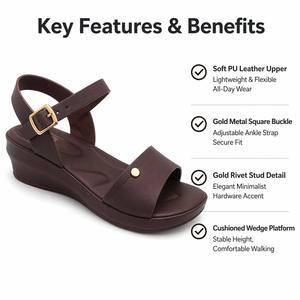 <span class=keywords><strong>Sandales</strong></span> compensées basses pour femmes en cuir PU à bride unique avec boucle dorée, antidérapantes, confortables et élégantes - Product Image 3