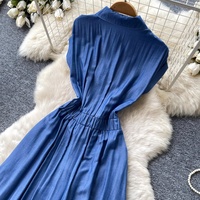 Robe longue décontractée pour femmes WIWT, élégante, bleue, col chemise, manches courtes, ceinture, pour tous les jours, vêtements pour femmes