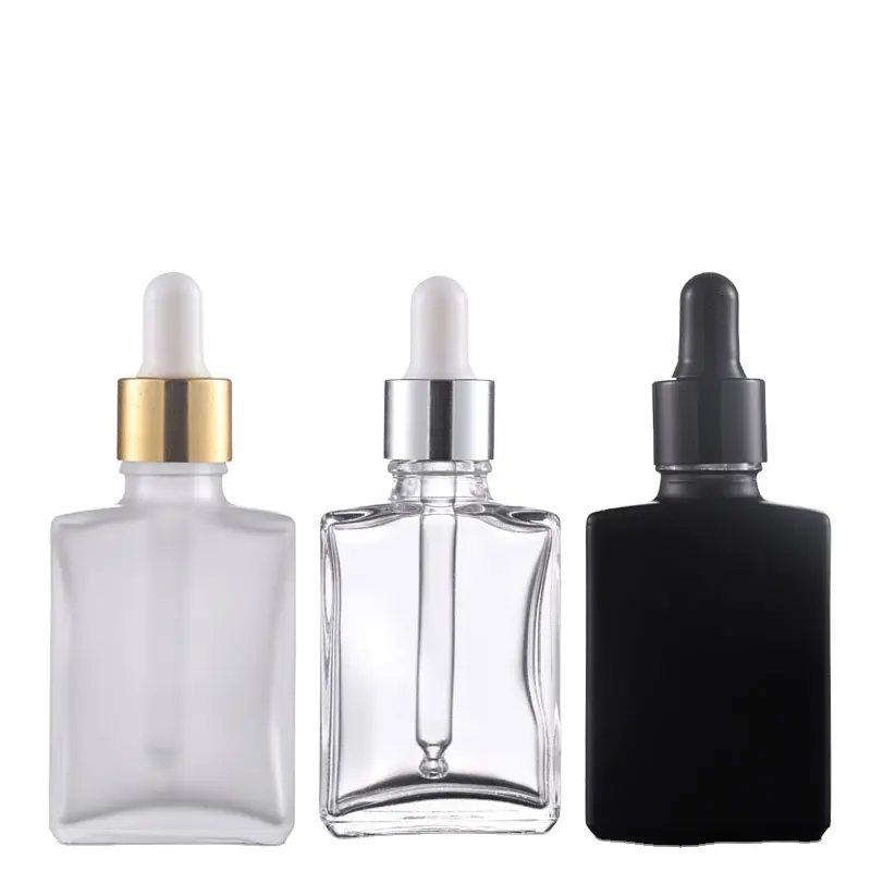 Matte Frosted/Black/Clear Flat Square Bottle 30ml Square Glass Dropper Bottle 50ml Cosmetic glass bottle with dropper