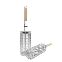 Panier de barbecue roulant en acier inoxydable avec poignée en bois pour légumes, viande, crevettes, utilisation en plein air et en camping