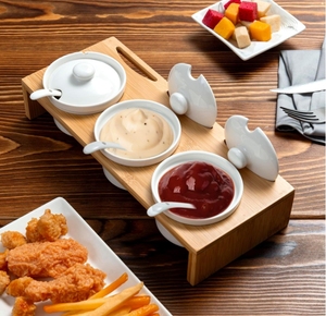 Chất Lượng Cao Rắn Tre Hiển Thị Dịch Vụ Khay Với 3 Thân Thiện Với Môi Gốm Lamikin Ngâm Bát Có Nắp Đậy Thìa - Product Image 3