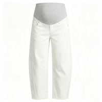 Celana Jeans Hamil Wanita Warna Putih Krem Model Barrel Crop Over Belly Bahan Denim Stretch Gaya Kasual untuk Sehari-hari