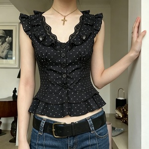 Blusa Casual de Manga Corta para Mujer, Tejida, Ecológica, Transpirable, con Estampado de Lunares, Bloques de Color, Encaje, Parches y Botones, Top de Verano - Product Image 4