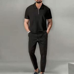 I-0497 Wholesale Eco-Friendly <b>Knitted</b> Street Wear Men's Formal Two-Piece Summer <b>Set</b> Solid Color Collar Short-Sleeved Turtleneck - Product Image 4